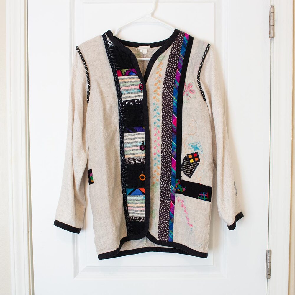 Linen Blend S VTG Lagenlook Lynn Murray Patchwork Pattern Art Boho Blazer FLAW
